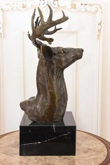 Bronze Deer Head Statue: Hunting Trophy on Marble Base