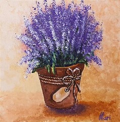 Lavender Flowers Painting Pot Purple Floral Original Artwork Still Life Village