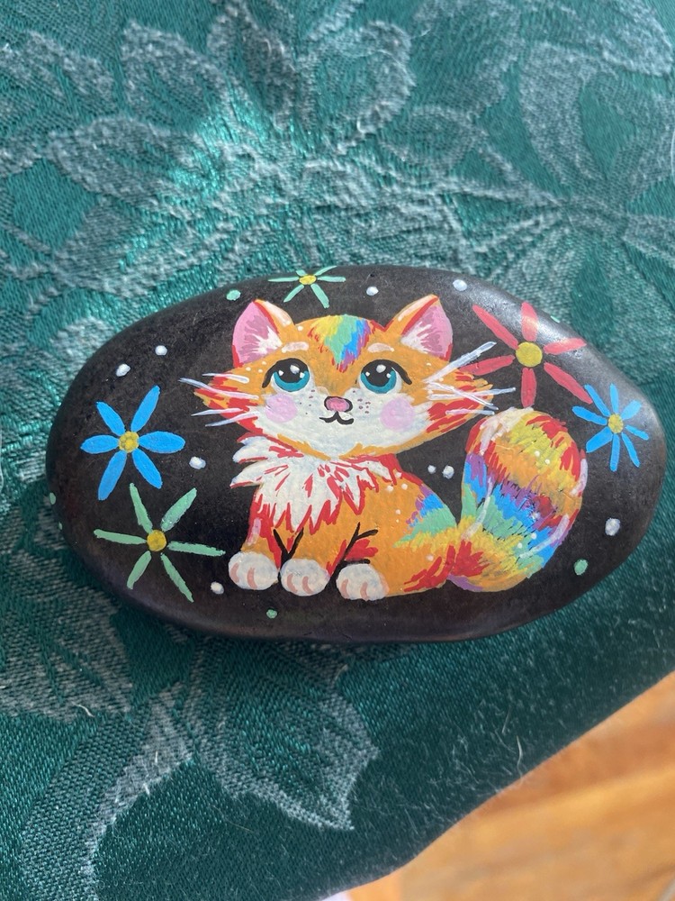 Hand Painted Rock Art Acrylic Marker 2×3 Inch Cat Painting Art River Rock Rare