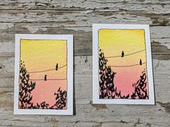 ACEO Colorful Little BIRDS ON WIRE Abstract Watercolor Painting