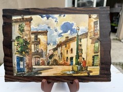 Vintage Handcrafted Wooden Well Art Watercolor Village Made In Spain