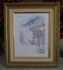 FRAMED SIGNED COLOR PRINT FLOWERED ANTIQUE ITALIAN BUILDING VIEW ARTIST: F. NERI