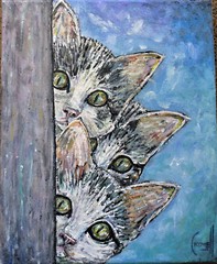 HIDING CATS THREE kittens pet cat new oil painting 8×10 canvas original Crowell