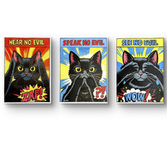 Pop Art Black Cat 3 Piece Set: Hear / Speak / See No Evil 12×9 Acrylic on Paper