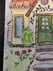 ACEO Original Watercolor Ink Painting 2.5×3.5 Whimsical Cottage Folk Art OOAK