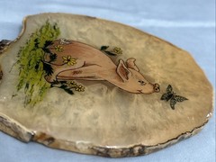 Vintage Signed Hand Painted Pig And Butterfly On Slice Of Agate Stone 1985