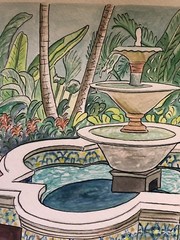 FOUNTAIN at COCONUT GROVE Original Watercolor & Pen & Ink art K Jones Miami FL