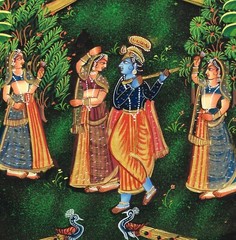 Hand Miniature Painting Of Krishna Playing Flute With Goddess Radha 10×13 Inches