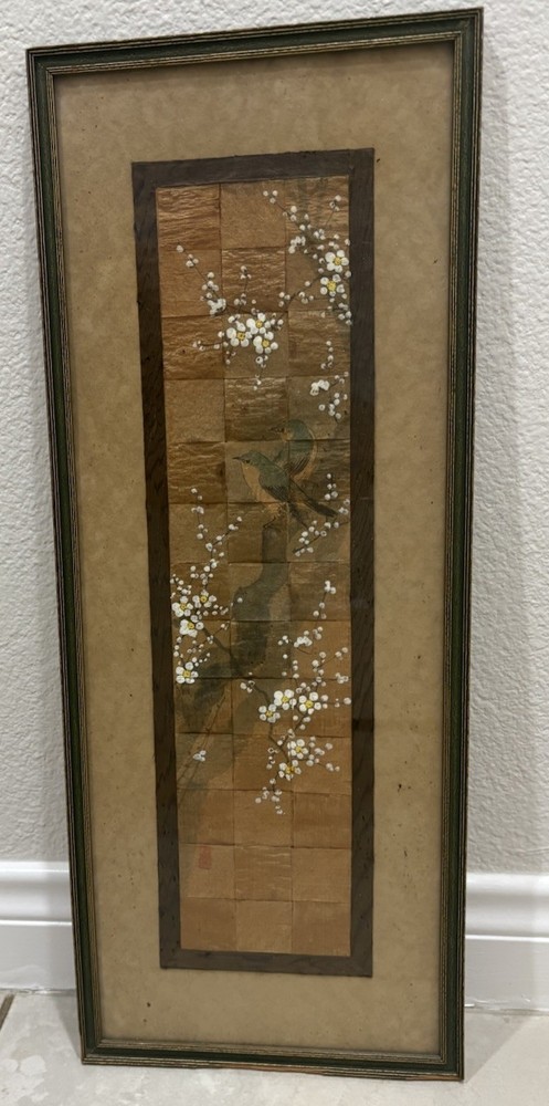 Japanese Painting on Woven Gold Crepe Paper 2 Birds Branch Floral Antique 9×22.5
