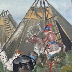 ANTIQUE PAINTING NATIVE AMERICAN INDIAN TIPI TRIBAL MYSTERY ARTIST SIGNED 1940’S
