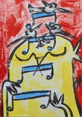 Cat ACEO Painting Music Birds Collectible Abstract Modern Art By Samantha McLean
