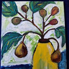 Fig Branch In Vase Original Acrylic Painting 5×7 Artist Canvas Panel