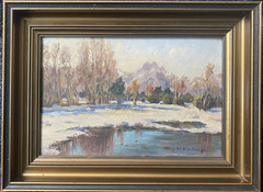 ::M. KAUFMANN OIL PAINTING WINTER LANDSCAPE WITH LAKE AND MOUNTAINS