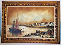 44×32 Original Oil Painting Signed Karoni seaside Bay Sea View Nautical Boat Bay