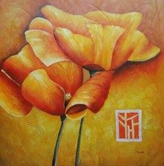 40×40 Large Yellow Poppies in Warm Setting Oil Painting Decorative Flower