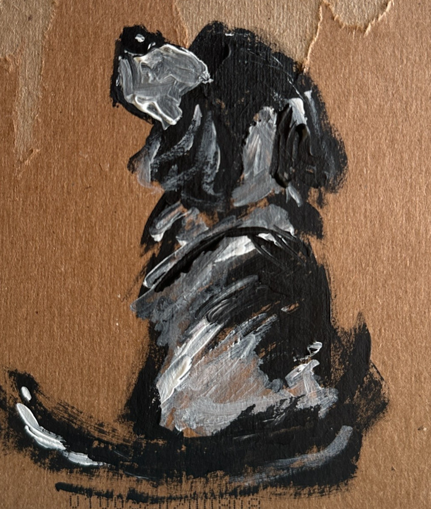 Dog Painting Black & White Naive Outsider Animal Art gritty cardboard upcycle
