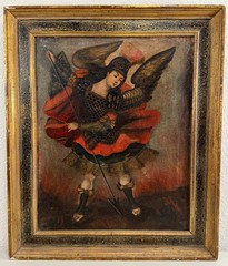 Antique Saint Michael Archangel & Devil Oil Painting Spanish Colonial 19th C.