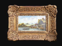 Oil painting romantic river landscape gold magnificent frame Bohm sign 20x26cm Vintage