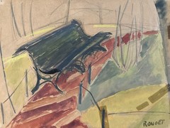 Gouache Painting 1930 Park Bench Cubism Cubist Elisabeth Ronget Antique