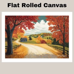 Curving Autumn Road with Blue Cabin Print Flat Rolled, Framed or Wrapped Canvas