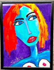 Colorful LADY PAINTING original SWARTZMILLER DNA SIGNED ART Upcycled CB 18×24