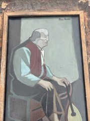 TREW HOCKER PAINTING ANTIQUE WPA ERA PORTRAIT MUSICIAN MANODLIN MODERNISM LISTED