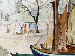 Watercolor Sailboat in Harbor with Church Women Hanging Laundry on Everyday