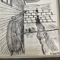 Vintage 1982 Signed Art Water Mill Scene Black White Read