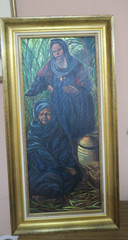 Vintage Signed Marvel 64 Oil Canvas Painting African Nigerian ? Ethnic Figures