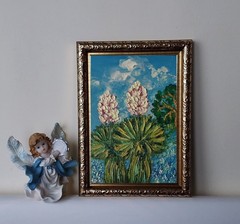 Framed Texas Landscape Yuccas Bluebonnets Art 4×6” Impasto Oil Painting Original