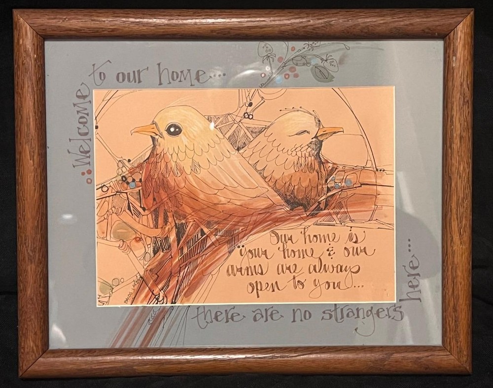 Vintage Mixed Media Print Calligraphy Watercolor Painting Bird Poem Welcome Home