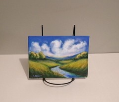 Original Painting River Landscape Hills Clouds 5×7 Acrylic Modern Wall Art
