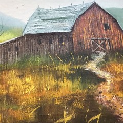Everett Woodson Signed Painting Landscape Barn Path Birds, 2ox16in