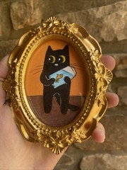 Black Cat And Fish Original Painting,4/5,framed,gold,miniature,small,mini,cute