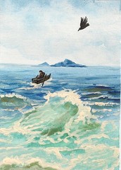 ACEO RAVEN CROW RYTA Folk ART PRINT OF PAINTING SEASCAPE Boat Ocean Gothic Sea