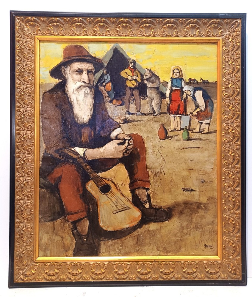 1960’s HJ (BER) MENGELS DUTCH CUBIST Sd ORIG FAMILY ELDER w/ GUITAR O/C FRAMED!