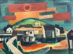 Mid Century Painting Sunset New Jersey Maurice Bilton Listed Famous Cubism 1950