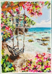 Beach Flowers Painting Garden Swing Seascape Tropical Landscape Art Postcard