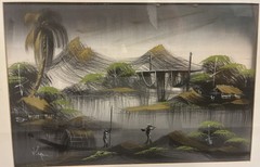 Vintage Vietnamese 1960’s Framed Oil on Silk Painting Village/River 15.5″×20.5″
