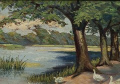 Philipp Jakob Erlanger Signed Oil Painting on Cardboard, 1923 Ducks by the Lake