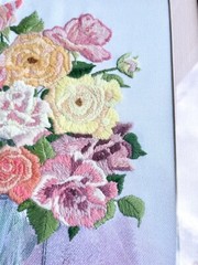 Hand-Embroidered Framed Wall Art W/ Pink Yellow Purple Rose Bouquet Vase 16”x19”