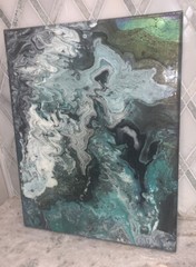 Modern Acrylic Marbleized Freeform Green Grey Purple White Black Canvas 11” 14”