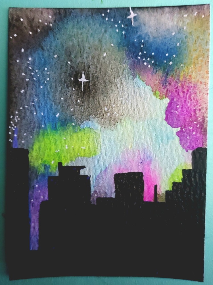 ACEO Original Abstract Cityscape Night Sky Painting Colorful Skyline With Stars