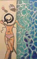 Blue tan acrylic & ink „Relaxes by Pool“ on 4×4 Mini canvas 1/1 Limited Signed