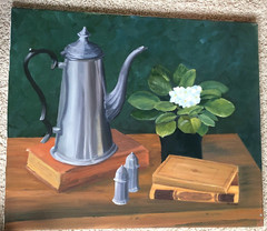 Original Oil Painting Books Pewter African Violet Still Life SIGNED JSConn