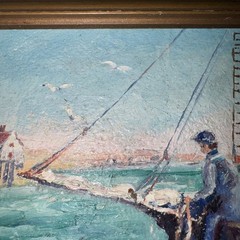 Antique Oil on Board Painting – New England Maritime Shore Fisherman on Dock