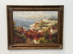 Marvelous Oil on Canvas The Mediterranean Scenery Painting On Gold Wooden Framed