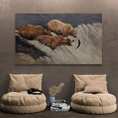 Large Original Oil Painting on Canvas Fishing Bears Art by Kanayo Ede 36” x 60″