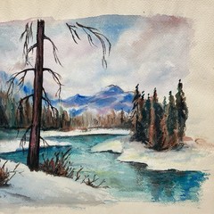 VTG Winter Landscape Watercolor Painting Signed St. Marianna. Forest River 24×18