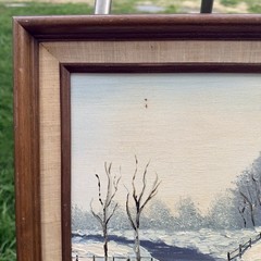 Vintage 1978 Impasto Winter Landscape Signed Oil Painting Snow Cabin River 11×14